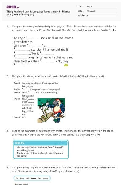 Tiếng Anh lớp 6 Unit 3: Language focus trang 43 - Friends plus (Chân trời sáng tạo)