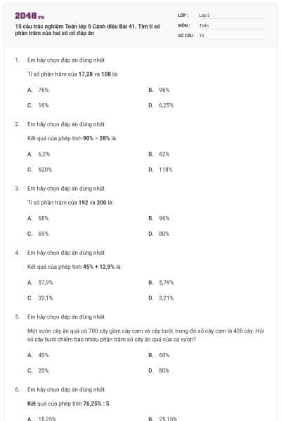 15 câu trắc nghiệm Toán lớp 5 Cánh diều Bài 41. Tìm tỉ số phần trăm của hai số có đáp án