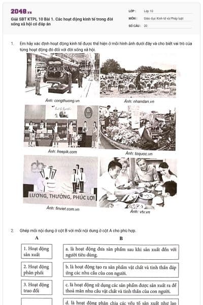 Giải SBT KTPL 10 Bài 1. Các hoạt động kinh tế trong đời sống xã hội có đáp án