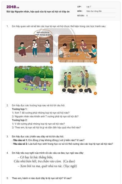 Bài tập Nguyên nhân, hậu quả của tệ nạn xã hội có đáp án