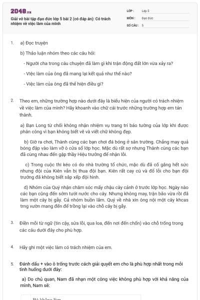Giải vở bài tập đạo đức lớp 5 bài 2 (có đáp án): Có trách nhiệm về việc làm của mình