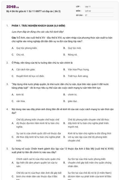 Bộ 4 Đề thi giữa kì 1 Sử 11 KNTT có đáp án ( Đề 3)
