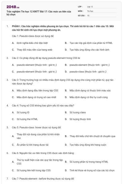 Trắc nghiệm Tin học 12 KNTT Bài 17: Các mức ưu tiên của bộ chọn