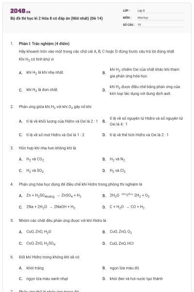 Bộ đề thi học kì 2 Hóa 8 có đáp án (Mới nhất) (Đề 14)