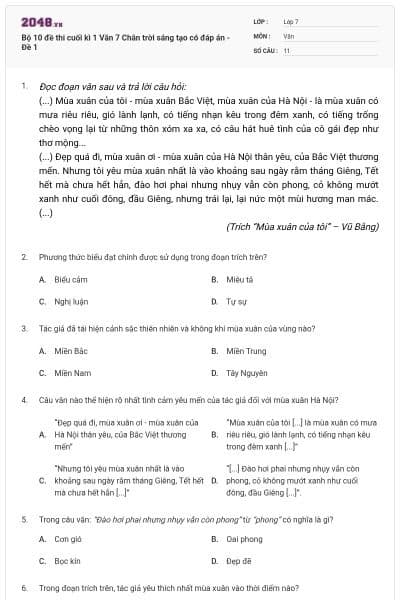 Bộ 10 đề thi cuối kì 1 Văn 7 Chân trời sáng tạo có đáp án - Đề 1