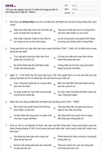 135 câu trắc nghiệm Lịch sử 12 Chân trời sáng tạo Bài 14 (Có đúng sai) có đáp án - Phần 4