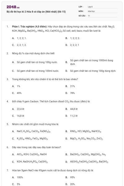 Bộ đề thi học kì 2 Hóa 8 có đáp án (Mới nhất) (Đề 15)