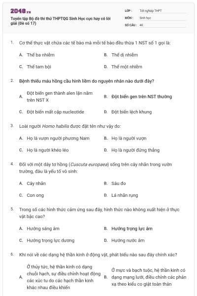 Tuyển tập Bộ đề thi thử THPTQG Sinh Học cực hay có lời giải (Đề số 17)