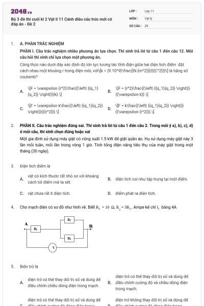 Bộ 3 đề thi cuối kì 2 Vật lí 11 Cánh diều cấu trúc mới có đáp án - Đề 2