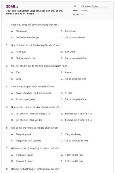 700+ câu Trắc nghiệm Công nghệ chế biến chè, cà phê, thuốc lá có đáp án - Phần 9