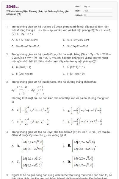 200 câu trắc nghiệm Phương pháp tọa độ trong không gian nâng cao (P5)