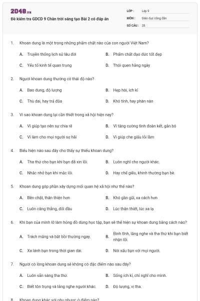 Đề kiểm tra GDCD 9 Chân trời sáng tạo Bài 2 có đáp án