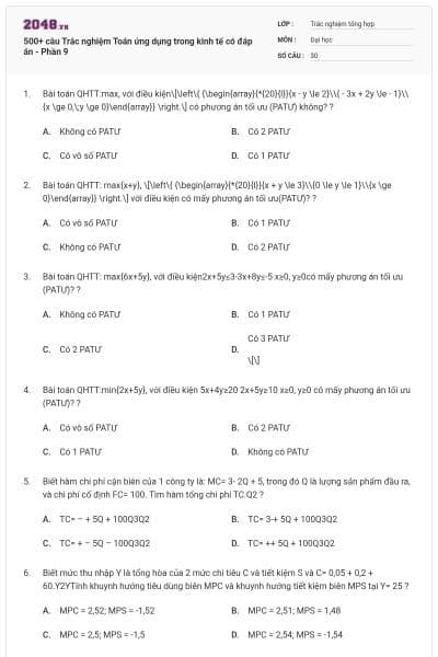 500+ câu Trắc nghiệm Toán ứng dụng trong kinh tế có đáp án - Phần 9