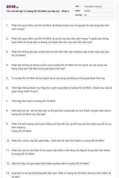 122 câu bài tập Tư tưởng Hồ Chí Minh (có đáp án) - Phần 3