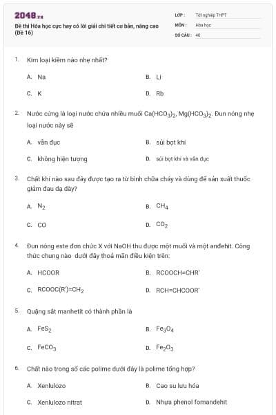 Đề thi Hóa học cực hay có lời giải chi tiết cơ bản, nâng cao (Đề 16)