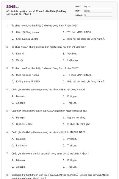 66 câu trắc nghiệm Lịch sử 12 cánh diều Bài 4 (Có đúng sai) có đáp án - Phần 1