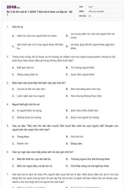 Bộ 2 đề thi cuối kì 1 GDCD 7 Kết nối tri thức có đáp án - Đề 1