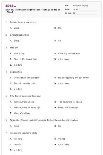200+ câu Trắc nghiệm tổng hợp Thận – Tiết niệu có đáp án - Phần 2