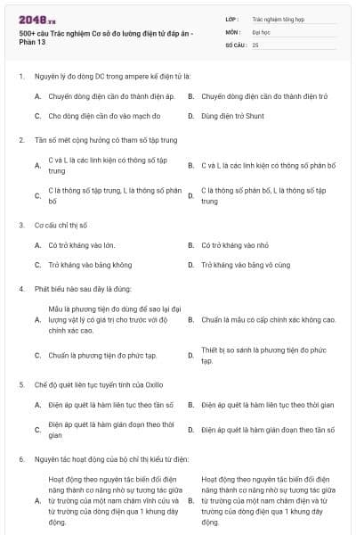 500+ câu Trắc nghiệm Cơ sở đo lường điện tử đáp án - Phần 13