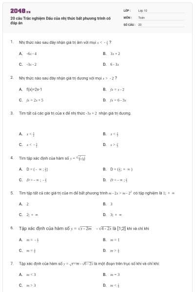 20 câu Trắc nghiệm Dấu của nhị thức bất phương trình có đáp án