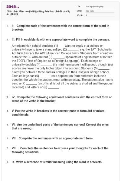 (Viên chức Mầm non) bài tập tiếng Anh theo chủ đề có đáp án - Unit 5
