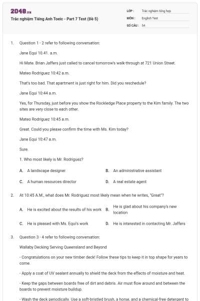 Trắc nghiệm Tiếng Anh Toeic - Part 7 Test (Đề 5)