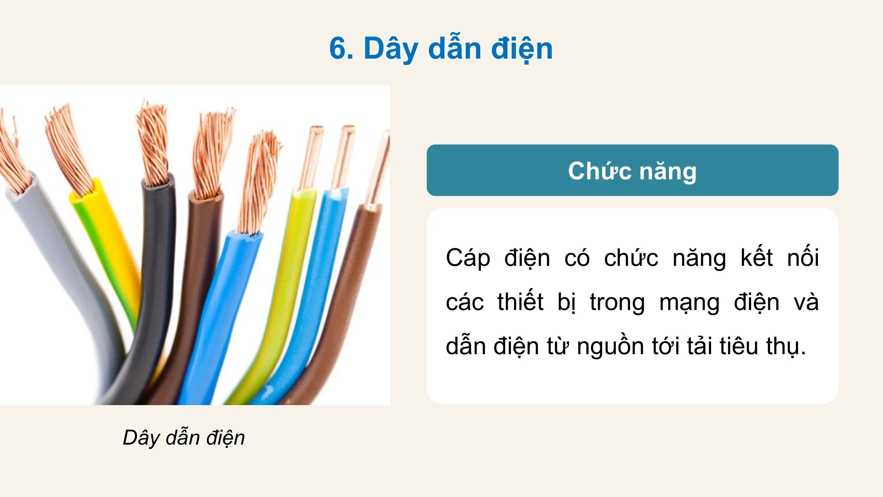 6. Dây dẫn điện

 Chức năng

 Cáp điện có chức năng kết nối
 các thiết bị trong mạng điện và
 dẫn điện từ nguồn tới tải tiêu thụ.

Dây dẫn điện