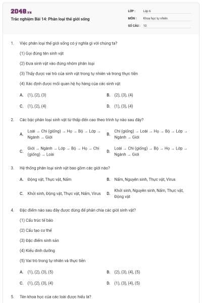 Trắc nghiệm Bài 14: Phân loại thế giới sống