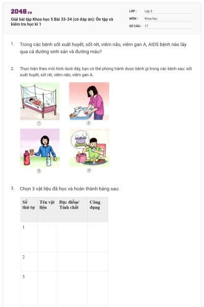 Giải bài tập Khoa học 5 Bài 33-34 (có đáp án): Ôn tập và kiểm tra học kì 1