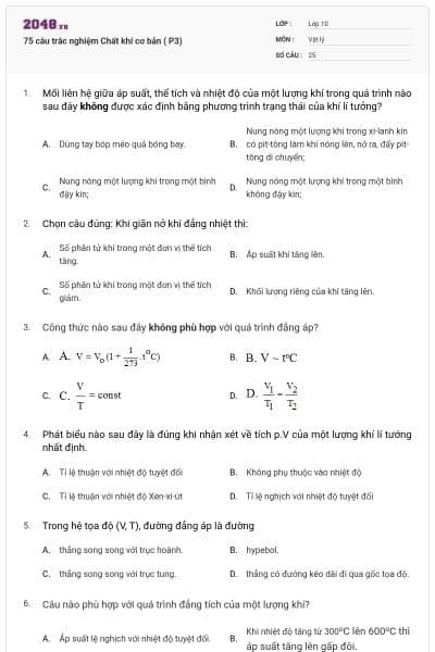75 câu trắc nghiệm Chất khí cơ bản ( P3)