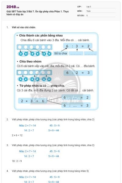 Giải SBT Toán lớp 3 Bài 7. Ôn tập phép chia Phần 1. Thực hành có đáp án