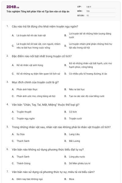 Trắc nghiệm Tổng kết phần Văn và Tập làm văn có đáp án