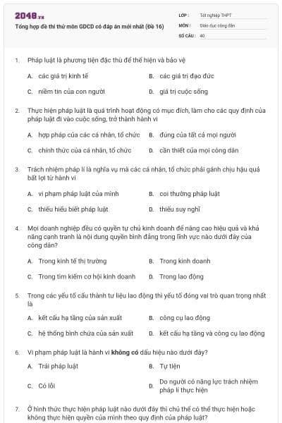 Tổng hợp đề thi thử môn GDCD có đáp án mới nhất (Đề 16)