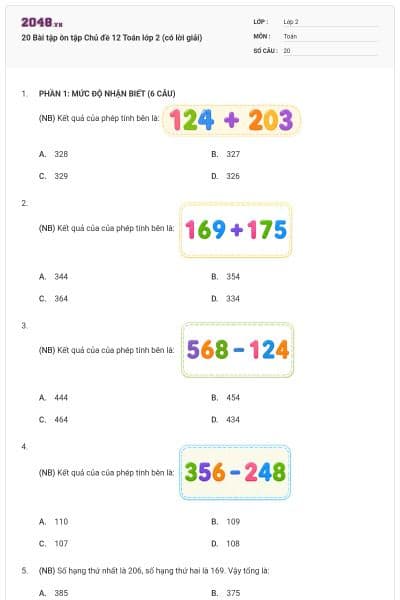 20 Bài tập ôn tập Chủ đề 12 Toán lớp 2 (có lời giải)