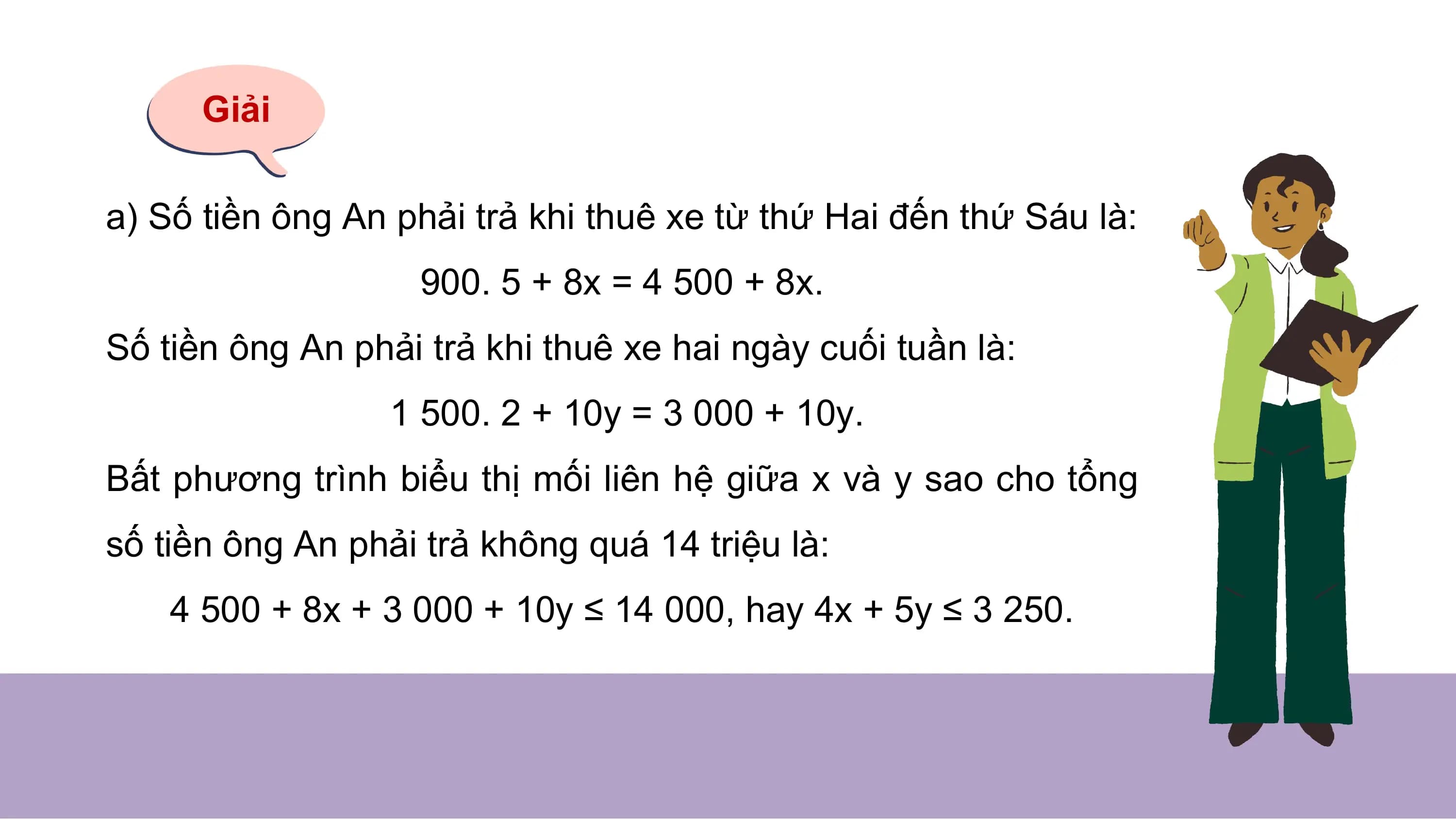 Giải
a) Số tiền ông An phải trả khi thuê xe từ thứ Hai đến thứ Sáu là:
900. 5 + 8x = 4 500 + 8x.
Số tiền ông An phải trả khi thuê xe hai ngày cuối tuần là:
1 500. 2 + 10y = 3 000 + 10y.
Bất phương trình biểu thị mối liên hệ giữa x và y sao cho tổng
số tiền ông An phải trả không quá 14 triệu là:
4 500 + 8x + 3 000 + 10y ≤ 14 000, hay 4x + 5y ≤ 3 250.