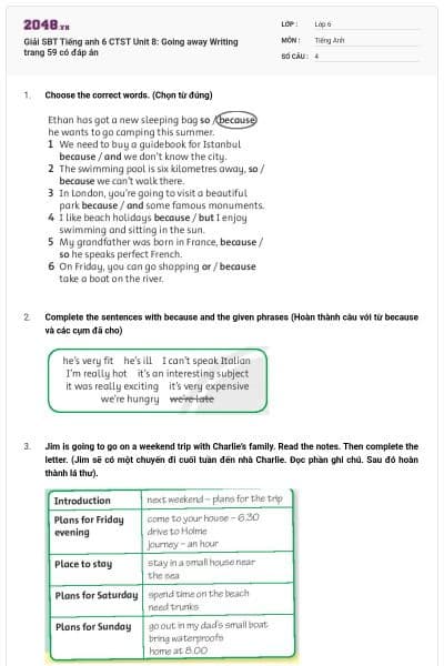 Giải SBT Tiếng anh 6 CTST Unit 8: Going away Writing trang 59 có đáp án