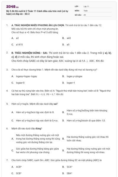 Bộ 5 đề thi cuối kì 2 Toán 11 Cánh diều cấu trúc mới (có tự luận) có đáp án - Đề 2