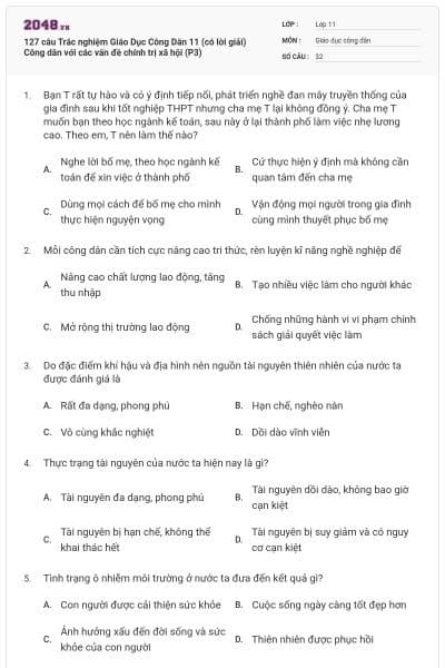 127 câu  Trắc nghiệm Giáo Dục Công Dân 11 (có lời giải) Công dân với các vấn đề chính trị xã hội (P3)