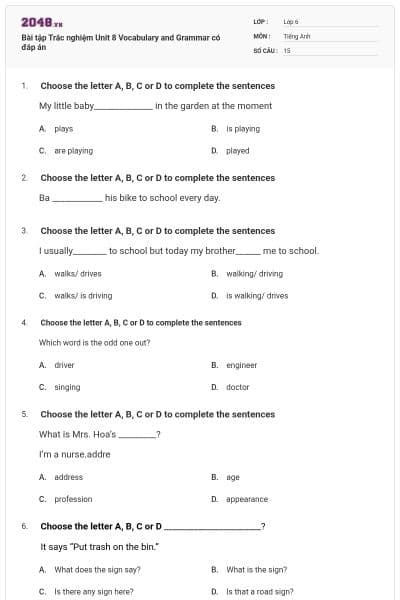 Bài tập Trắc nghiệm Unit 8 Vocabulary and Grammar có đáp án