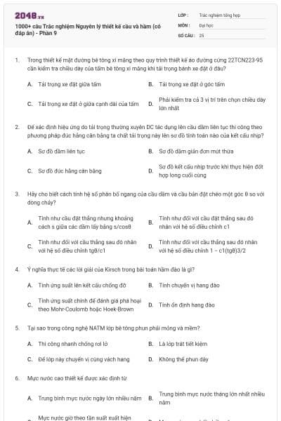 1000+ câu Trắc nghiệm Nguyên lý thiết kế cầu và hầm (có đáp án) - Phần 9