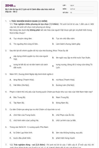 Bộ 3 đề thi học kì 2 Lịch sử 6 Cánh diều cấu trúc mới có đáp án - Đề 2