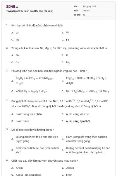 Tuyển tập đề thi minh họa Hóa Học (Đề số 7)