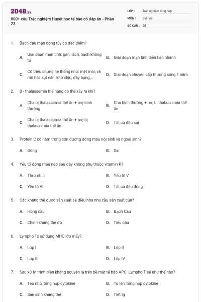 800+ câu Trắc nghiệm Huyết học tế bào có đáp án - Phần 23