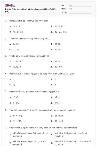 Bài tập Phân tích một số ra thừa số nguyên tố lớp 6 (có lời giải)