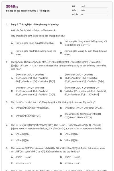 Bài tập ôn tập Toán 8 Chương 9 (có đáp án)
