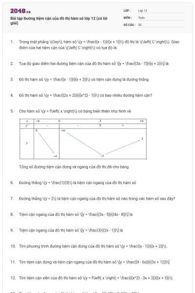 Bài tập Đường tiệm cận của đồ thị hàm số lớp 12 (có lời giải)