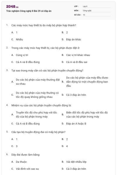 Trắc nghiệm Công nghệ 8 Bài 29 có đáp án