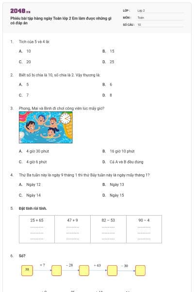 Phiếu bài tập hàng ngày Toán lớp 2 Em làm được những gì có đáp án