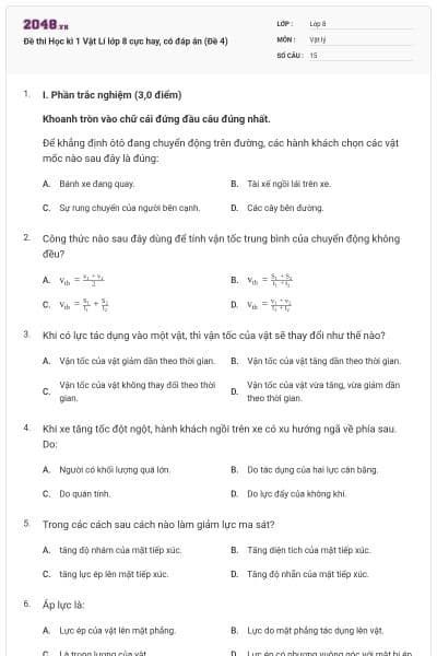 Đề thi Học kì 1 Vật Lí lớp 8 cực hay, có đáp án (Đề 4)
