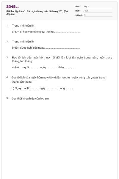 Giải bài tập toán 1: Các ngày trong tuần lễ (trang 161) (Có đáp án)